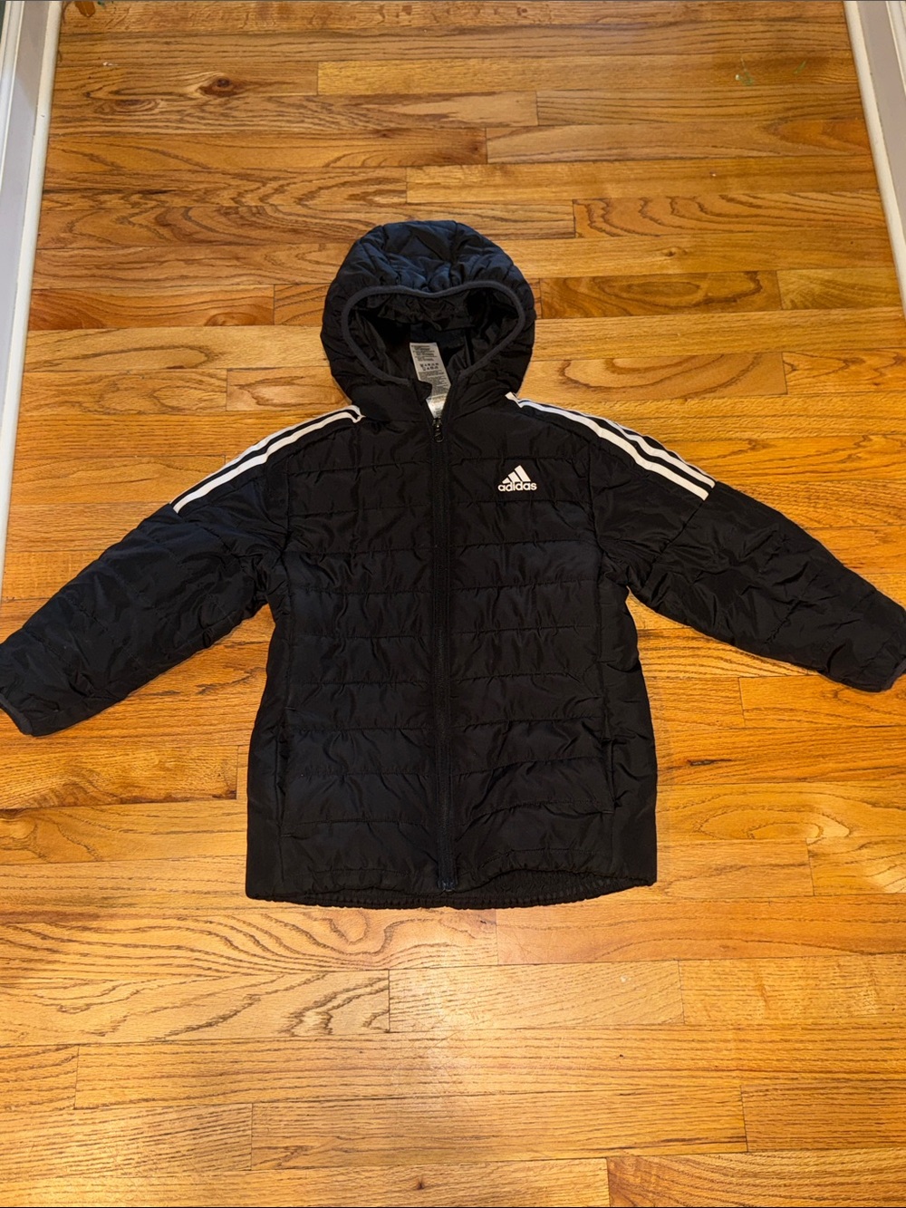 adidas kids Black Puffer Jacket with White Shoulder Stripes size small (7/8)